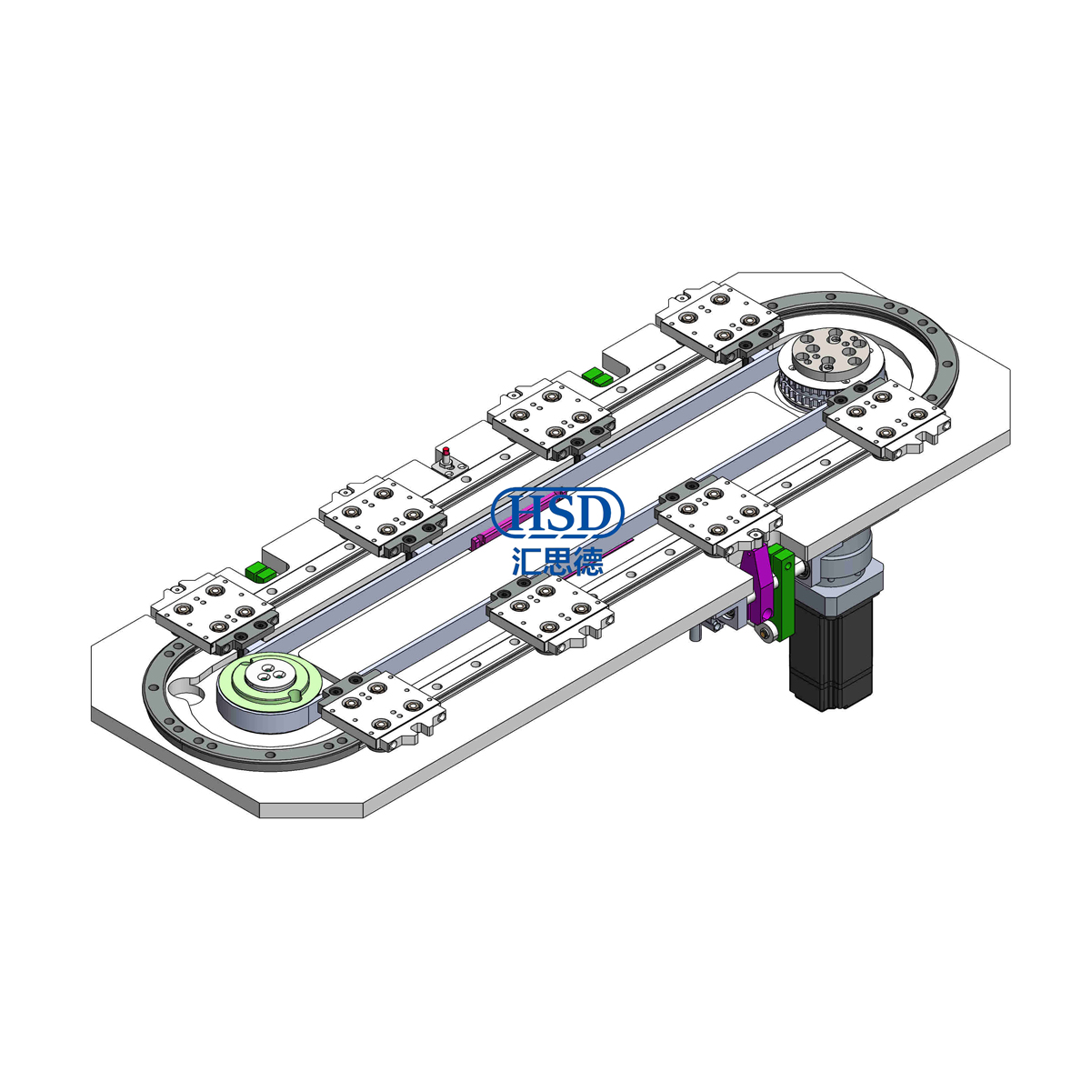 Circular guide conveyor line 8 stations 5 positioning elliptical baseplate belt 