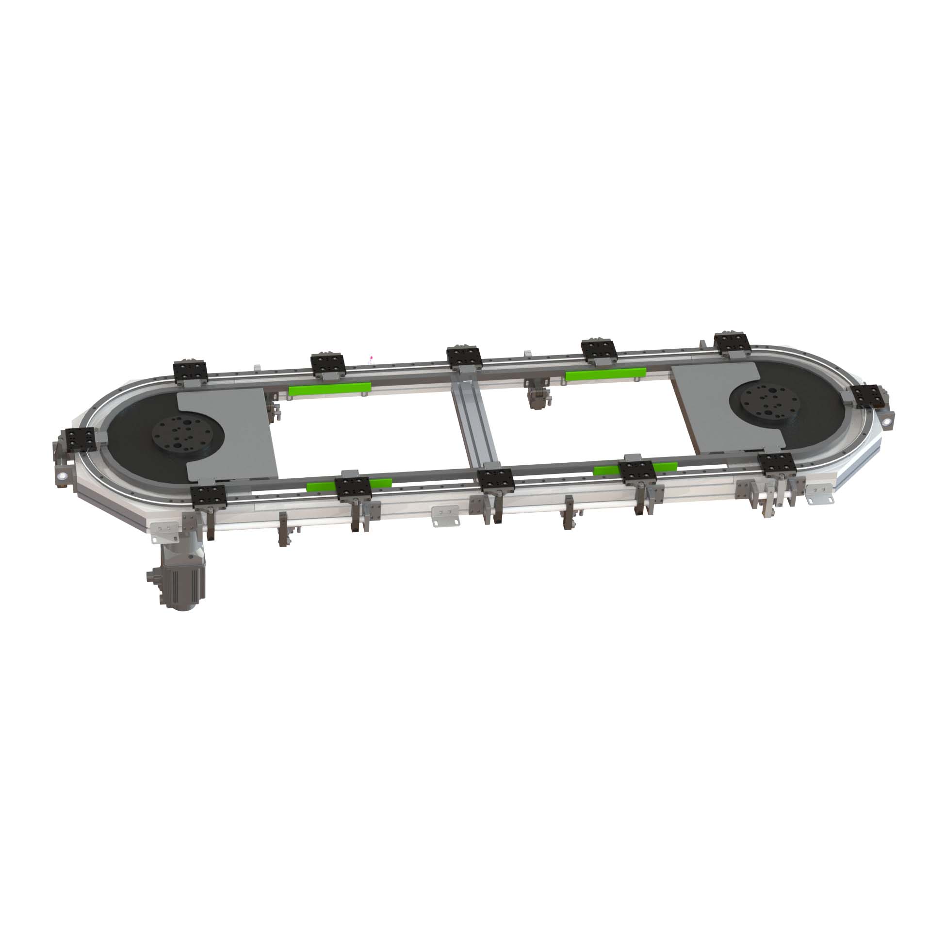Oval proﬁle chain drive curved guide rail conveyor systems